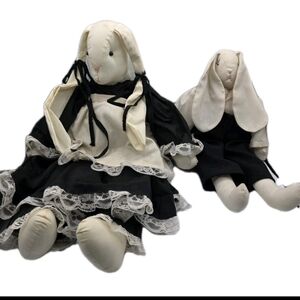 Vintage Easter Bunny Rabbits Folk Art Handmade Plush Rag Dolls Floppy Ear